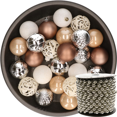 Plastic christmas baubles 6 cm white/silver/brown incl. bead garland