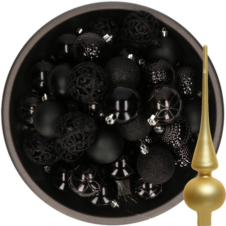 37x stuks kunststof kerstballen 6 cm zwart incl. glazen piek mat goud