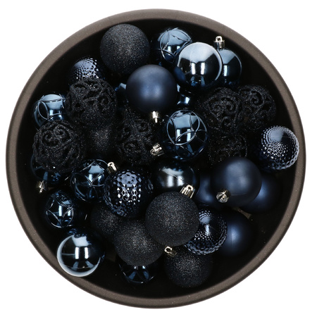 43x stuks kunststof kerstballen en dennenappel ornamenten donkerblauw