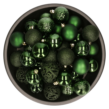 37x pcs plastic christmas baubles dark green 6 cm shiny/matte/glitter mix