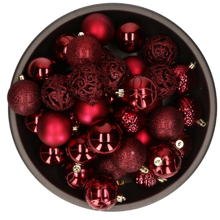 37x stuks kunststof kerstballen donkerrood (oxblood) 6 cm glans/mat/glitter mix