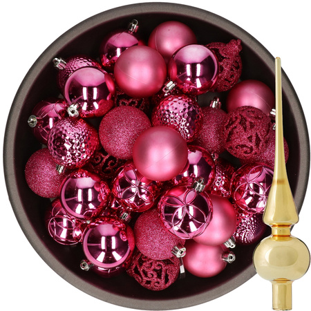 37x stuks kunststof kerstballen fuchsia roze 6 cm incl. glazen piek goud