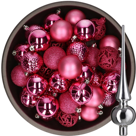 37x pcs plastic christmas baubles fuchsia pink 6 cm and glass topper silver