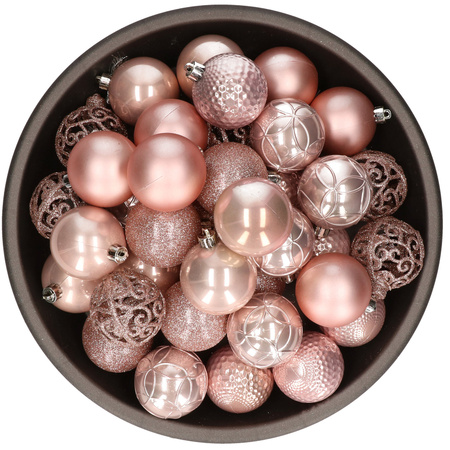 37x pcs plastic christmas baubles light (blush) pink 6 cm shiny/matte/glitter mix