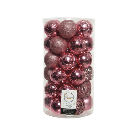 43x stuks kunststof kerstballen en dennenappel ornamenten lippenstift roze