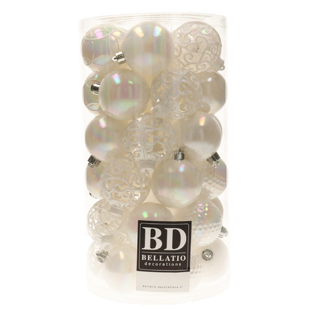 53x pcs plastic christmas baubles pearl white 4 and 6 cm shiny/matte/glitter mix