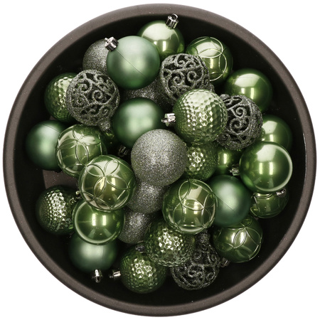 37x pcs plastic christmas baubles sage green 6 cm shiny/matte/glitter mix