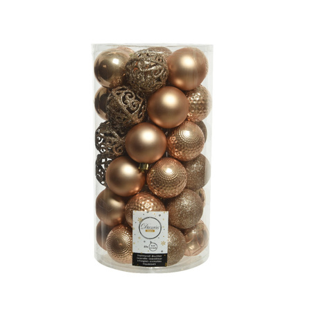 37x stuks kunststof kerstballen 6 cm inclusief kralenslinger toffee bruin