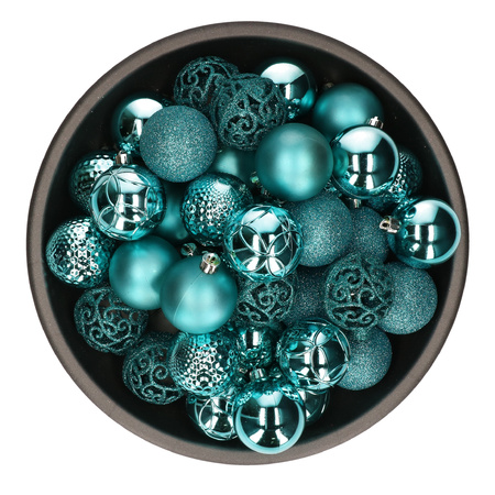 37x pcs plastic christmas baubles turquoise blue 6 cm shiny/matte/glitter mix