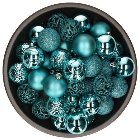 37x stuks kunststof kerstballen turquoise blauw 6 cm glans/mat/glitter mix