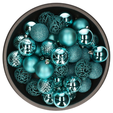 37x pcs plastic christmas baubles turquoise blue 6 cm including hooks