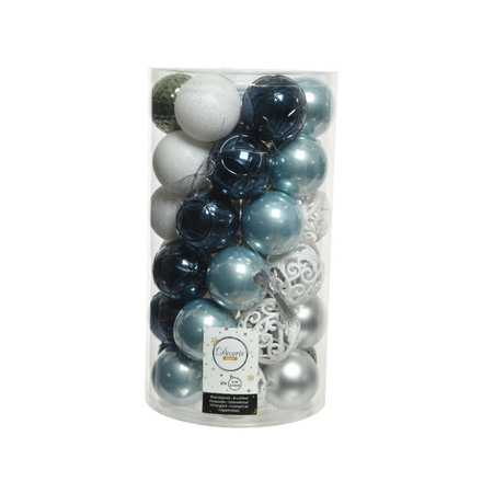 37x stuks kunststof kerstballen 6 cm wit/groen/zilver/blauw incl. kralenslinger