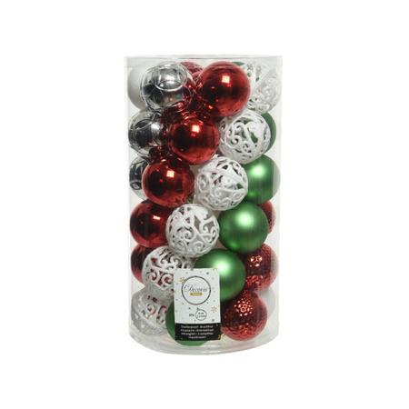 37x stuks kunststof kerstballen 6 cm wit/rood/groen/zilver incl. kralenslinger