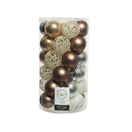 Plastic christmas baubles 6 cm white/silver/brown incl. bead garland