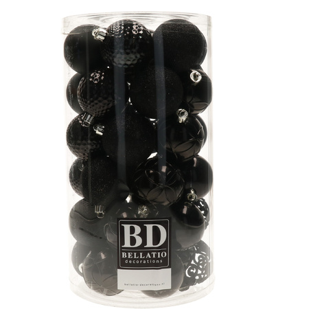 37x stuks kunststof kerstballen zwart 6 cm inclusief kerstbalhaakjes