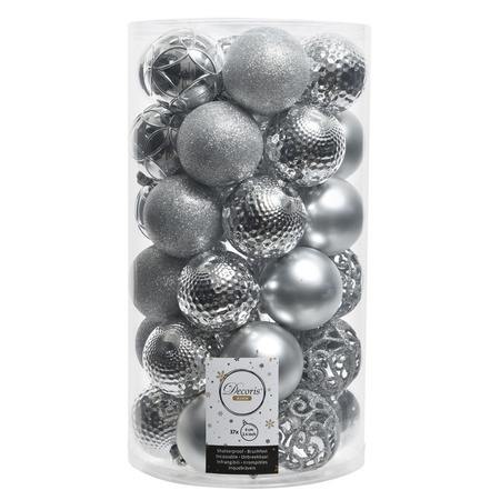 43x stuks kunststof kerstballen en sterren ornamenten zilver