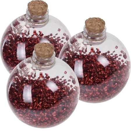 3x Kerstballen transparant/rood 8 cm met rode glitters kunststof kerstboom versiering/decoratie