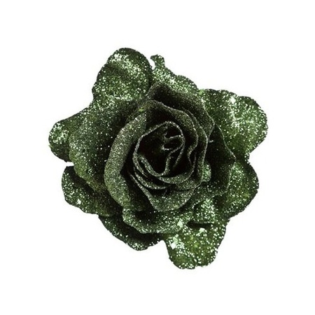 3x Groene decoratie roos glitters op clip 10 cm
