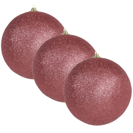 3x Large coral red glitter baubles 13,5 cm