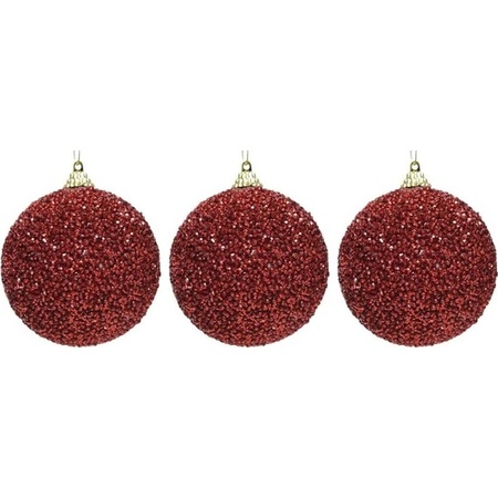 3x Kerstballen kerst rode glitters 8 cm met kralen kunststof kerstboom versiering/decoratie