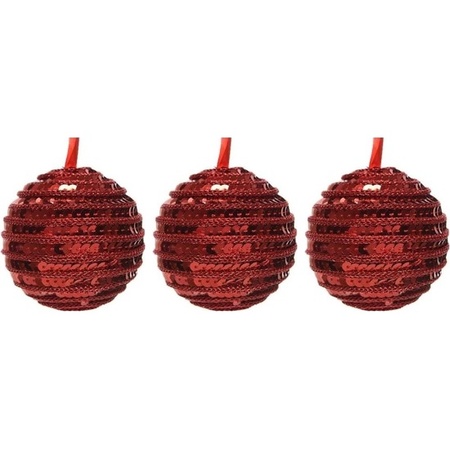 3x Kunststof kerstballen kerst rood 8 cm pailletten kerstboom versiering/decoratie