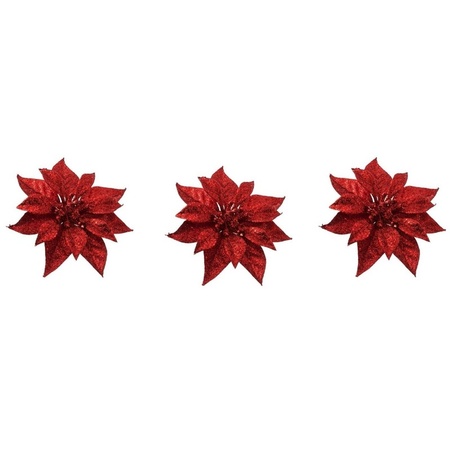 3x Red poinsettia with glitter on clip 18 cm