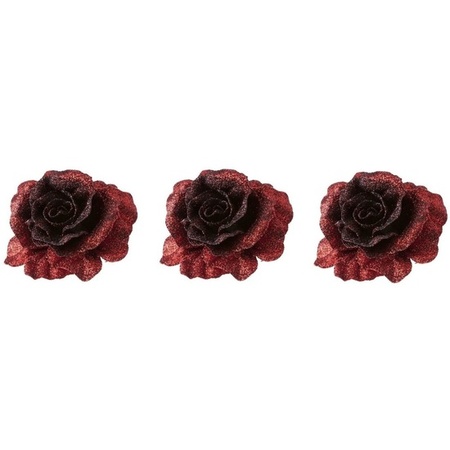 3x Kerstversieringen glitter roos rood op clip 10 cm