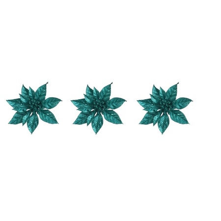 3x Kerstversieringen glitter kerstster emerald groen op clip 15 cm