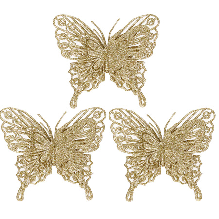 Cosy & Trendy Kersthangers op clip - 3ST - vlinders - goud - glitter - 11 cm