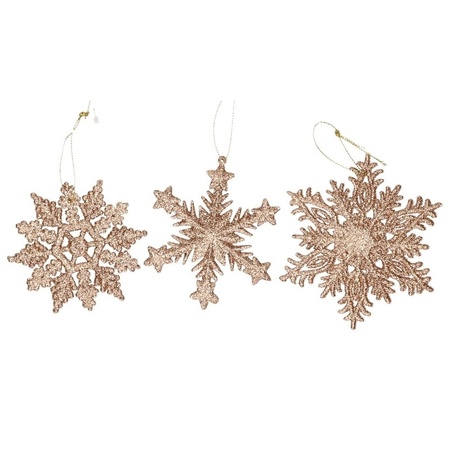 3x Koperen sneeuwvlok/ijsster kerstornamenten kerst hangers 10 cm met glitters