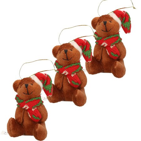 3x Kersthangers knuffelbeertjes bruin met gekleurde sjaal en muts 7 cm