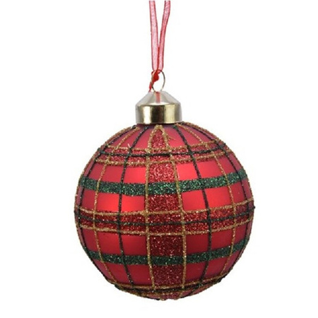 3x Rode glazen kerstballen ruit/glitters 8 cm
