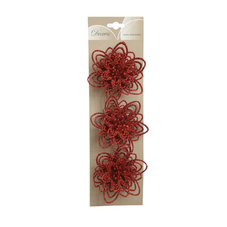 3x decoration flowers on clips red glitter 11 cm