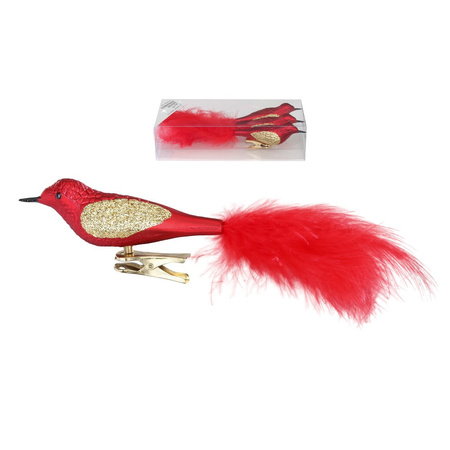 3x pcs decoration birds on clips red 16 cm