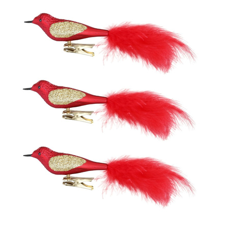 3x pcs decoration birds on clips red 16 cm