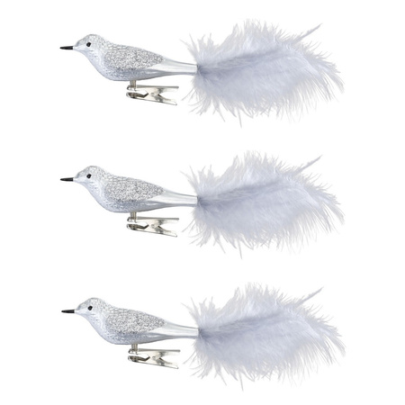 3x pcs decoration birds on clips silver 16 cm