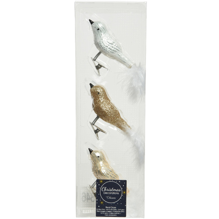 3x stuks glazen decoratie vogels op clip champagne/wit/bruin 8 cm