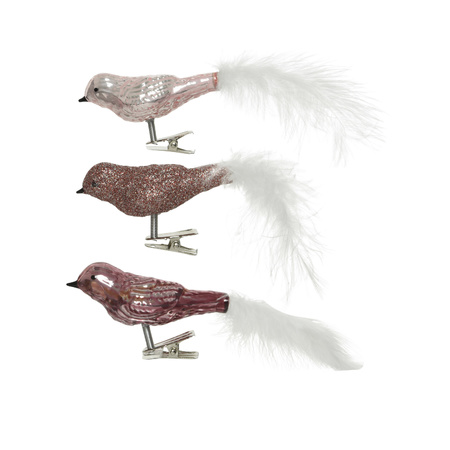 3x pcs glass birds on clip pink 8 cm