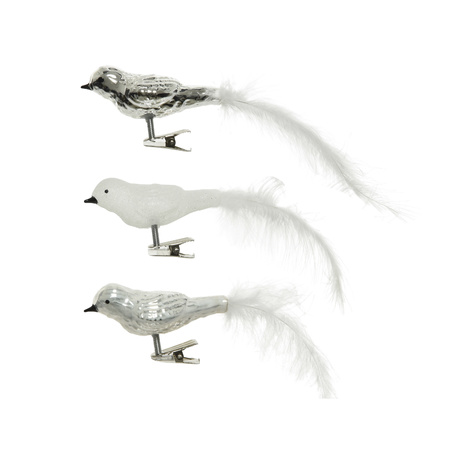 3x pcs glass birds on clip white/silver 8 cm