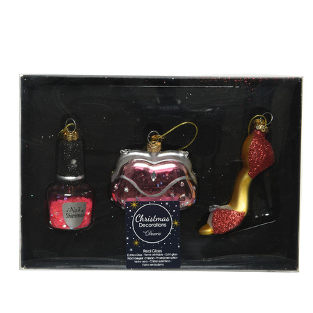 3x pcs glass christmas tree decoration nail polish, handbag and pump
