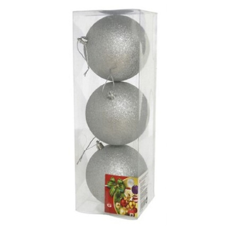 3x pieces christmas baubles glitters silver plastic 10 cm