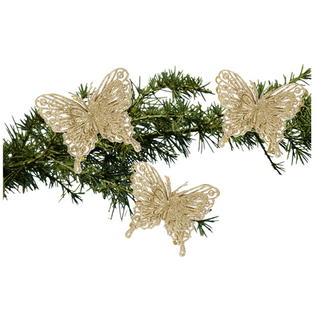 3x pcs christmas decoration butterflies glitter gold 11 cm 