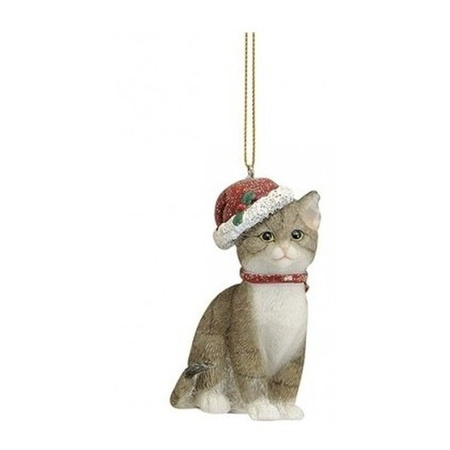 3x pieces christmas hanging decoration grey cat with santa hat 9 cm