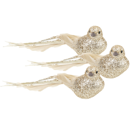 3x pcs plastic birds on clip gold glitter 21 cm