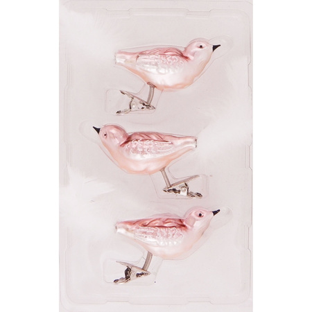 3x stuks luxe glazen decoratie vogels op clip velvet roze 11 cm