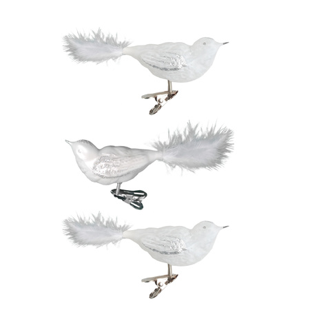 3x stuks luxe glazen decoratie vogels op clip wit 11 cm