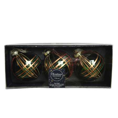3x stuks luxe glazen kerstballen brass gedecoreerd groen 8 cm