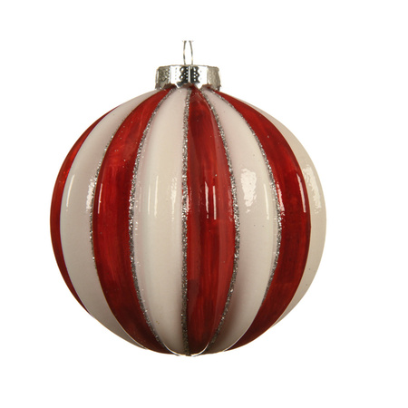 3x stuks luxe glazen kerstballen brass rood/wit gestreept met glitter 8 cm