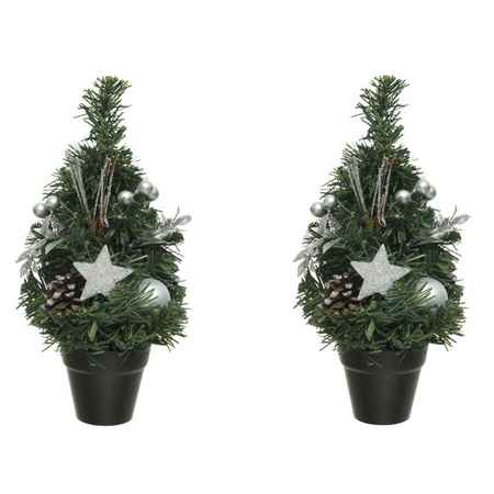 3x pieces mini artificial Christmas trees with silver decoration 30 cm