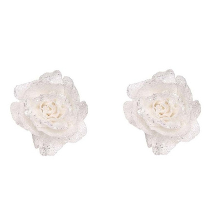 3x pieces white roses with glitter on clips 10 cm